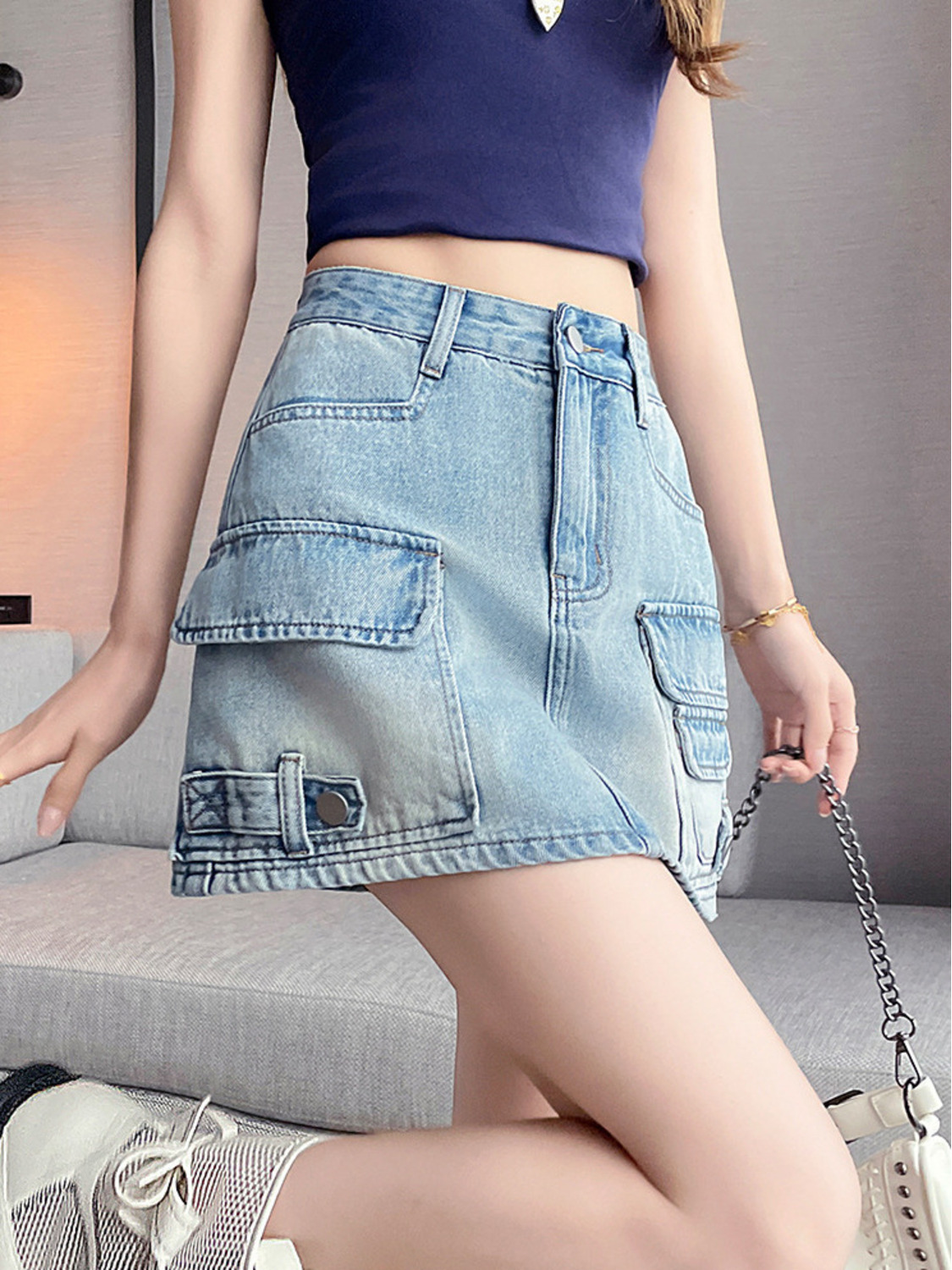 Fly Line - Minigonna in denim cargo a vita